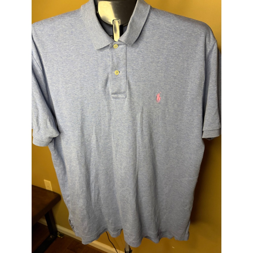 Polo Ralph Lauren Mens Heather Light Blue Pink Pony Jersey Polo Shirt Large L